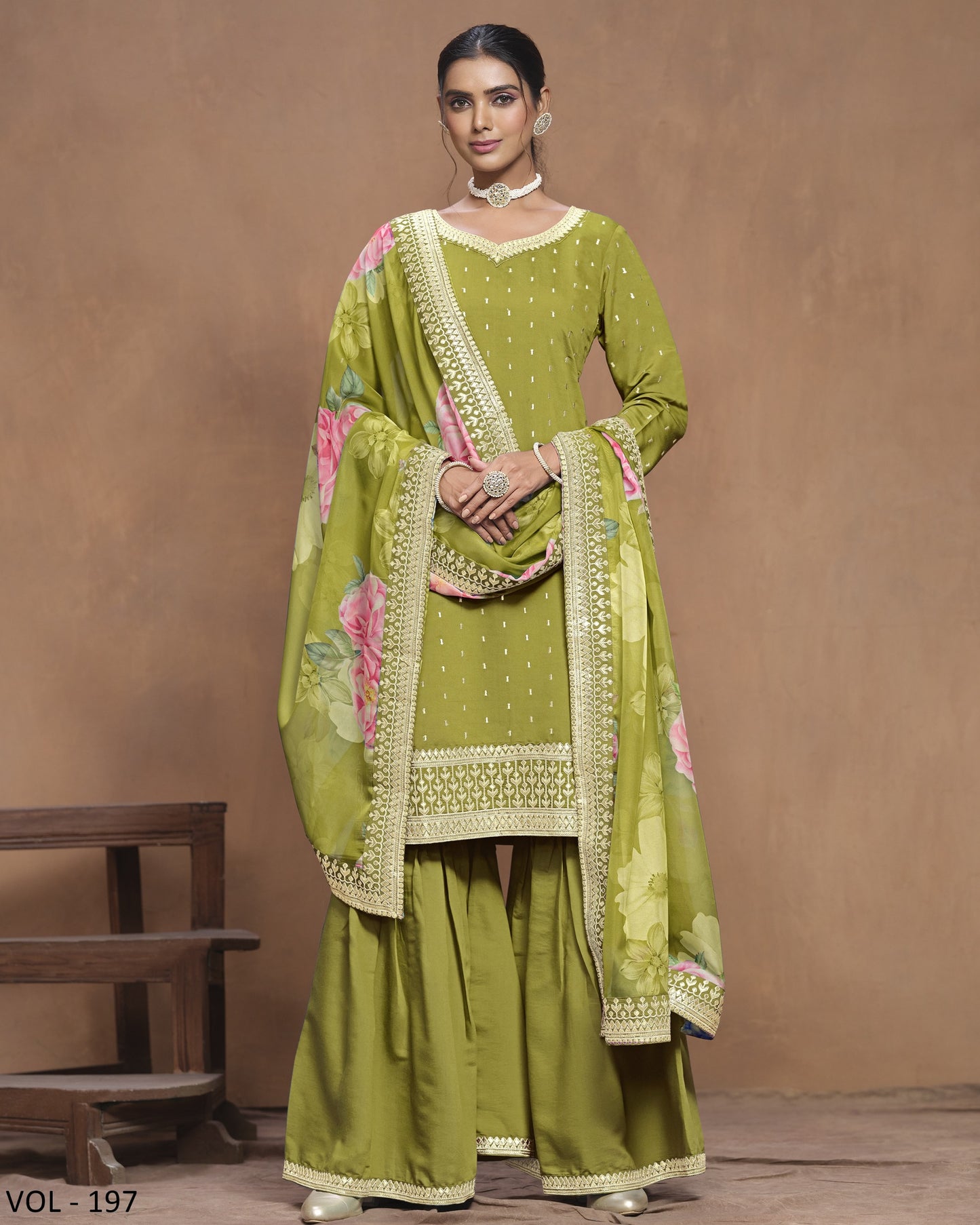 Premium Roman Silk Kurta With Plazo And Floral Digital Printed Dupatta