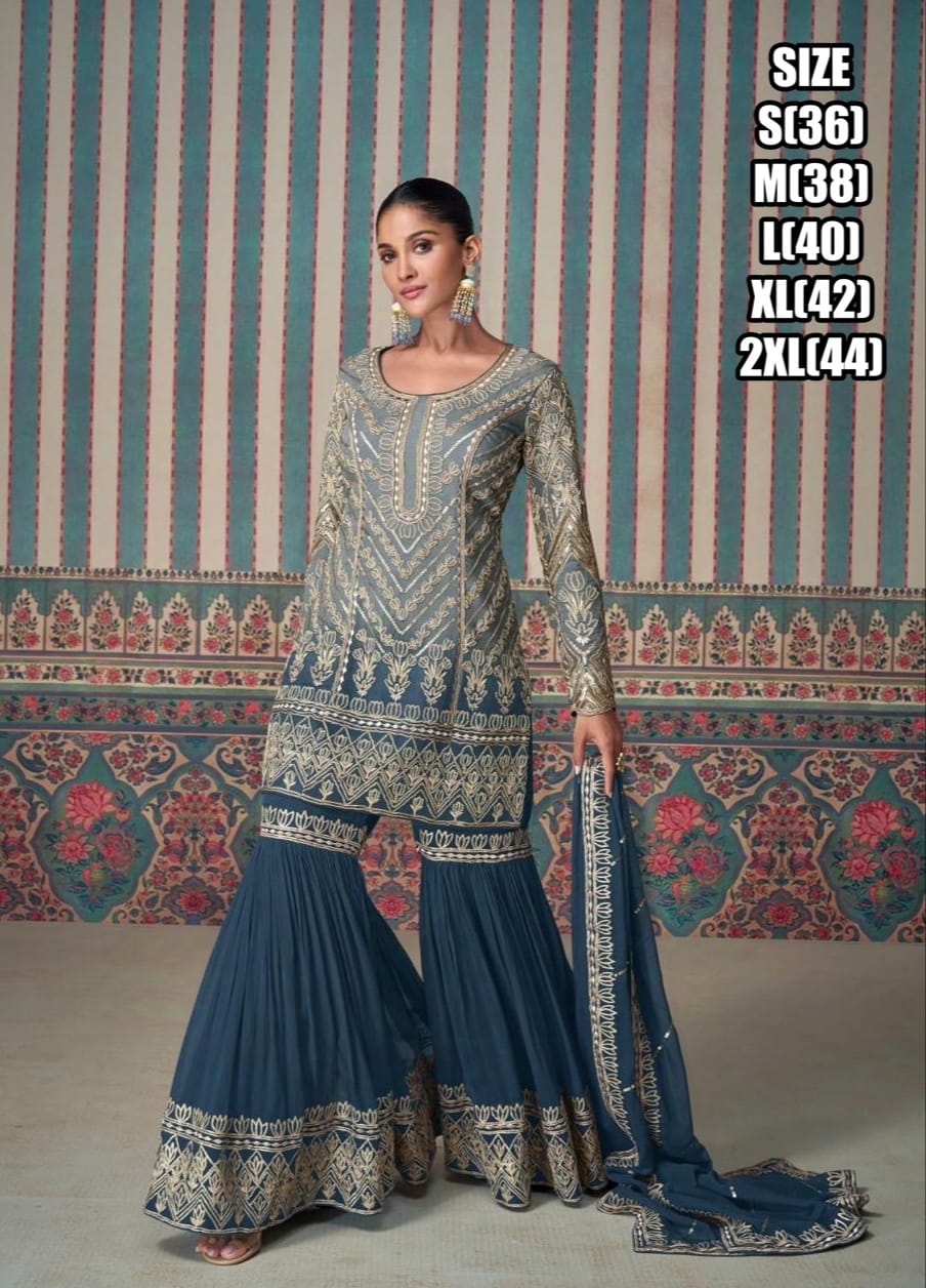 Premium Ethnic embroidered georgette top and sharara with dupatta