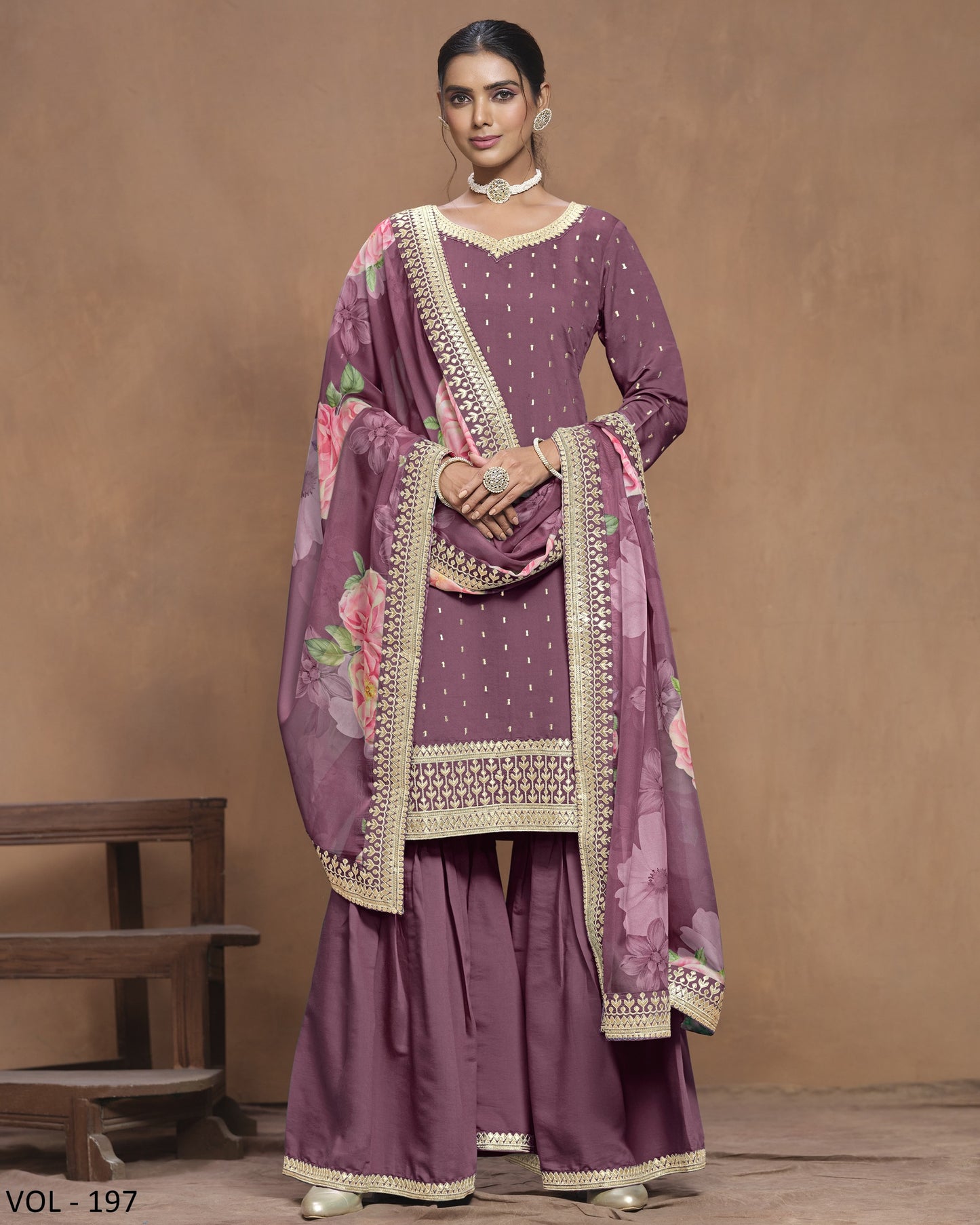 Premium Roman Silk Kurta With Plazo And Floral Digital Printed Dupatta