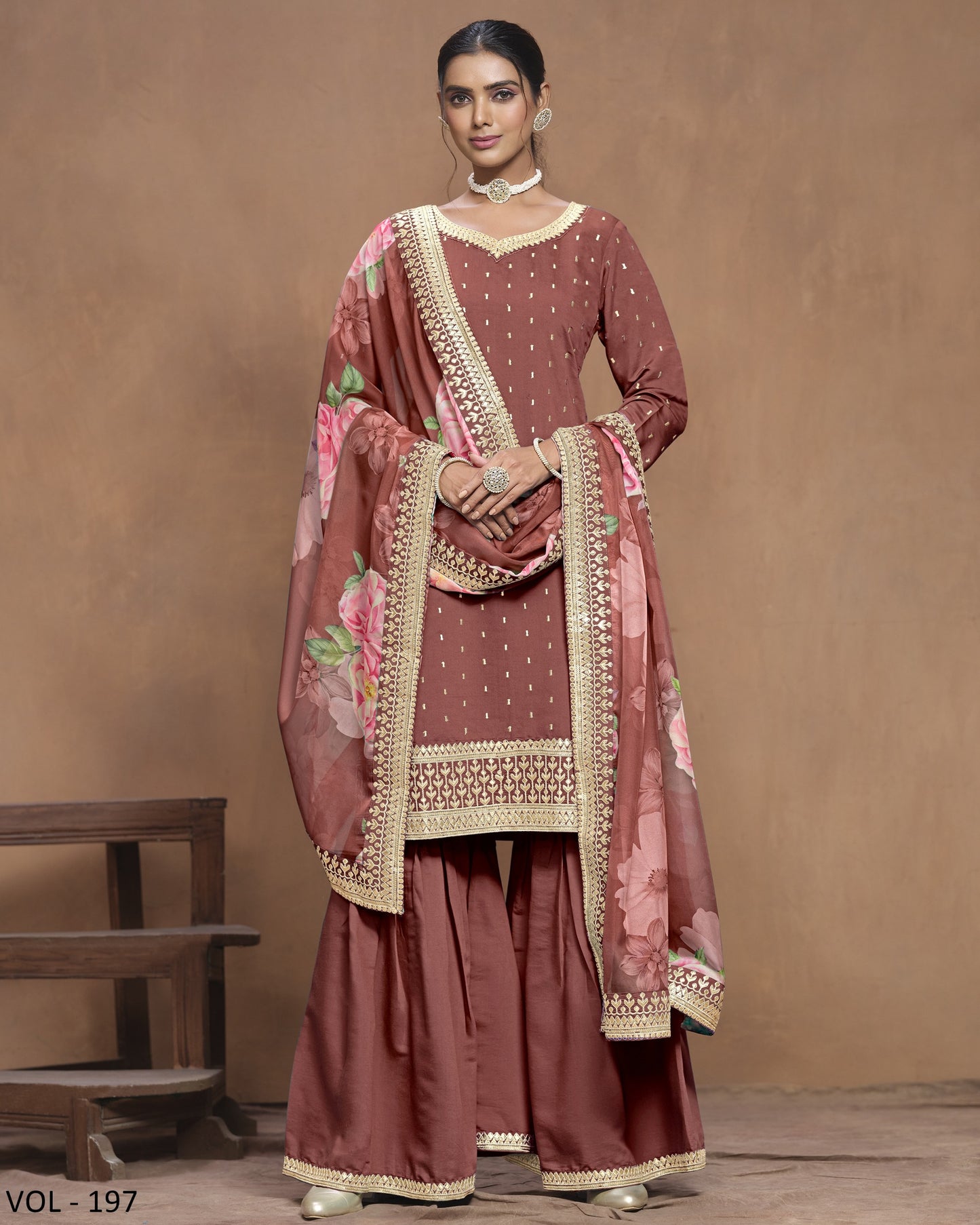 Premium Roman Silk Kurta With Plazo And Floral Digital Printed Dupatta