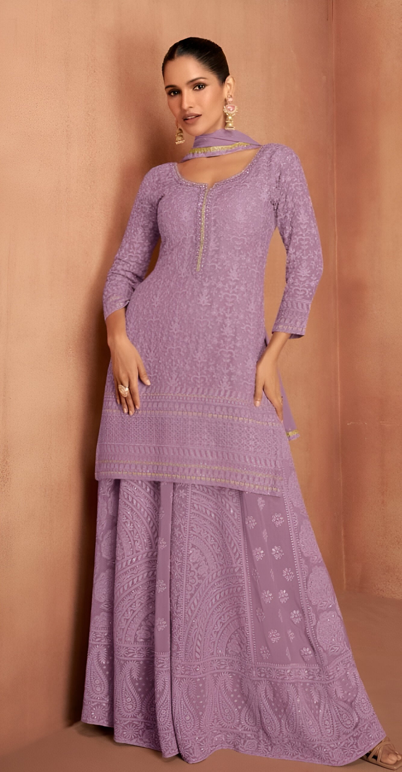 Premium Embroidered Straight Kurta With Sharara & Dupatta