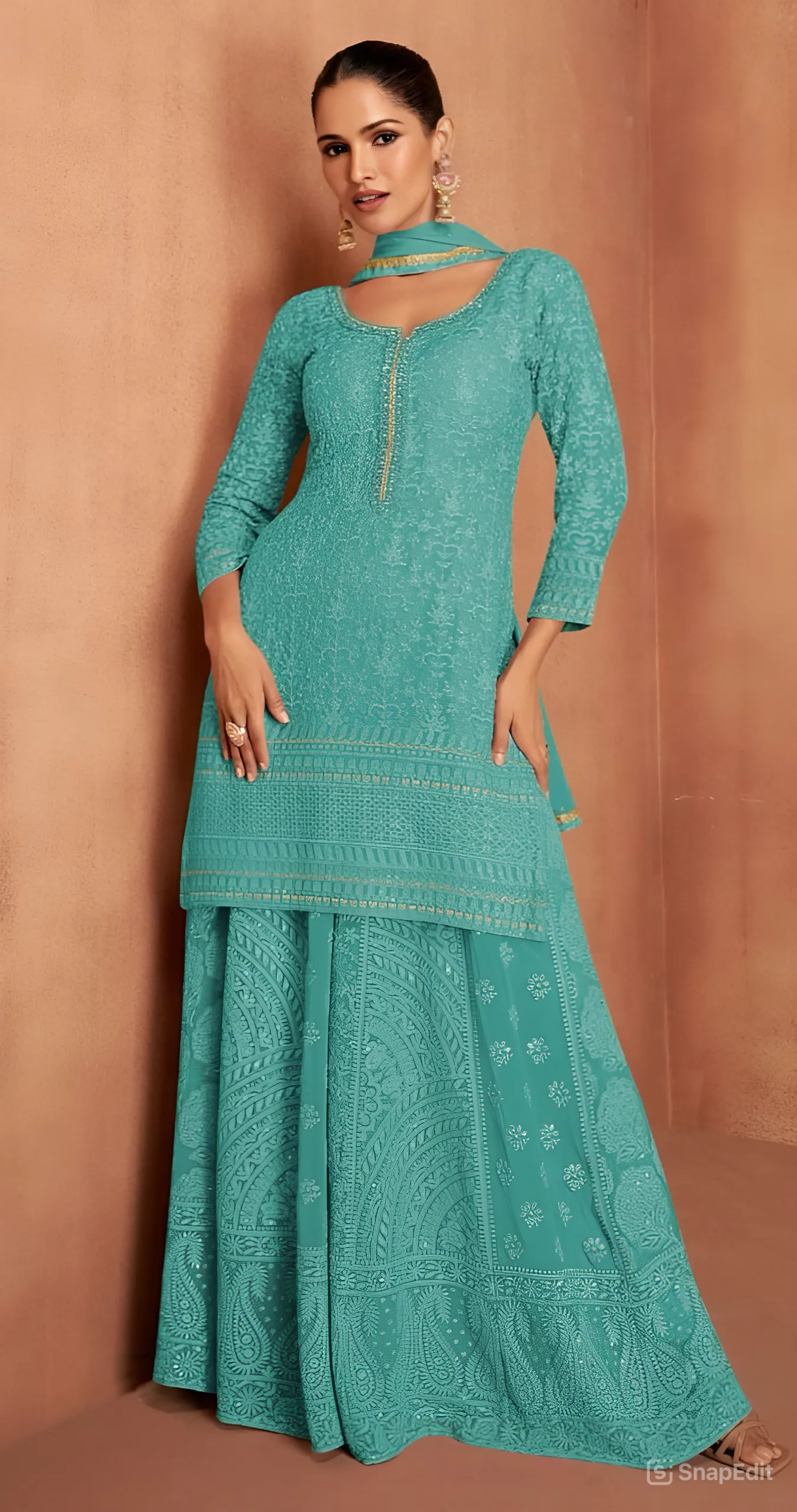 Premium Embroidered Straight Kurta With Sharara & Dupatta