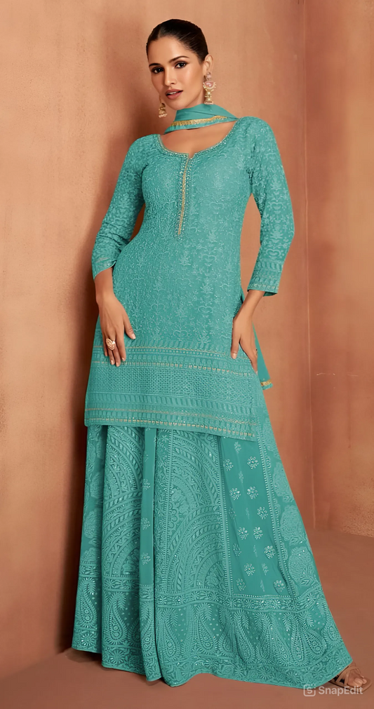 Premium Embroidered Straight Kurta With Sharara & Dupatta