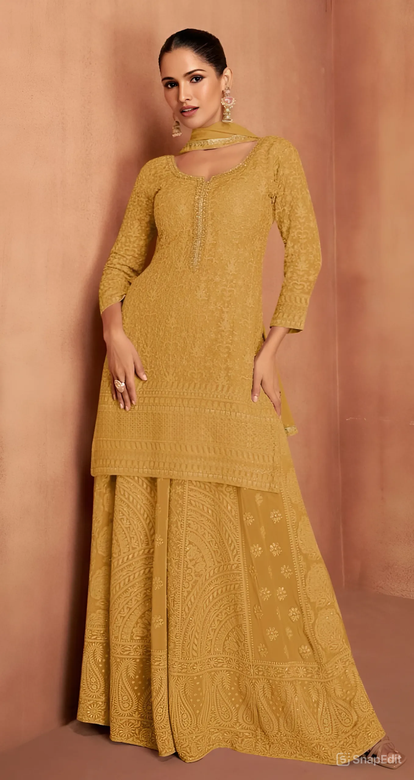 Premium Embroidered Straight Kurta With Sharara & Dupatta